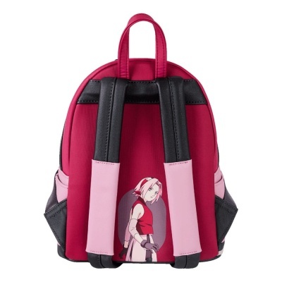 Mochila vermelha com alças pretas e rosas e personagem de anime na parte traseira