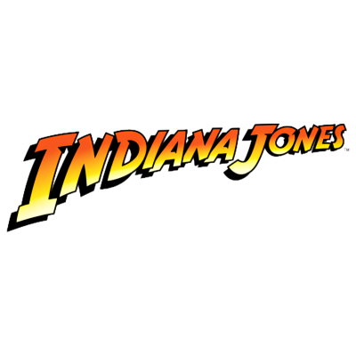 Logotipo do filme Indiana Jones com texto amarelo e laranja num fundo branco