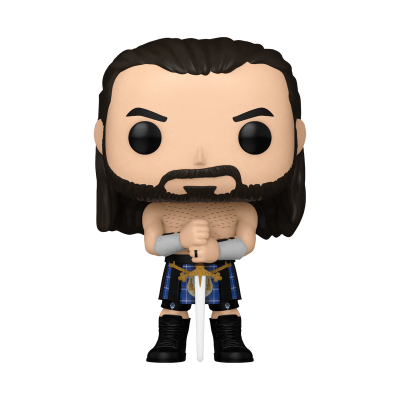 Figura colecionável Funko Pop de homem com espada e roupa xadrez azul.