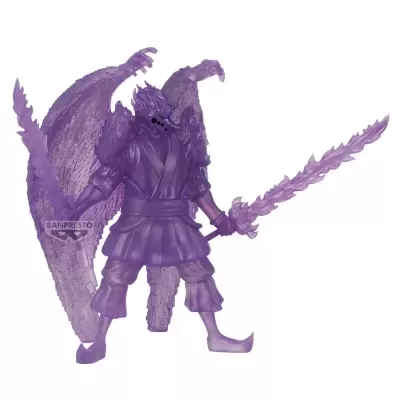 Figurina roxa translúcida de personagem com asas e espadas flamejantes