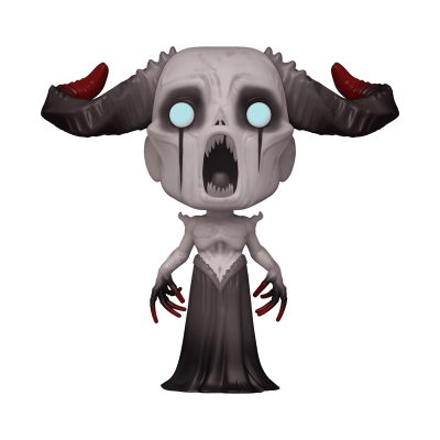 Figura colecionável de caveira com chifres vermelhos e olhos azuis luzentes