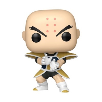 Figura Funko Pop personagem careca com roupa azul, branca e dourada em pose de combate