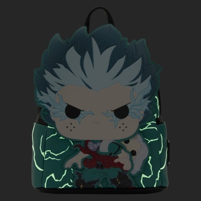 Mochila de tecido com estampa de personagem de anime e padrões verdes luminosos