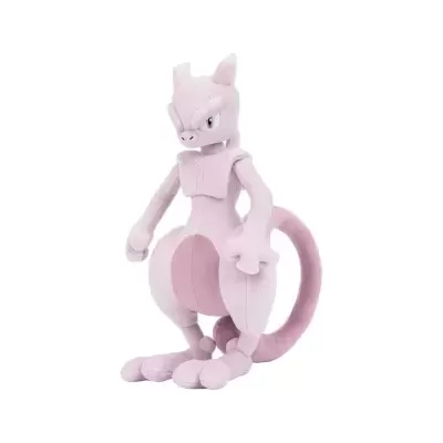Pelúcia Mewtwo rosa claro com olhos bordados e cauda enrolada