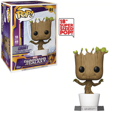 Figura Pop! Groot de vinil com vaso branco e texto I AM GROOT junto à caixa colorida Marvel Guardians of the Galaxy.