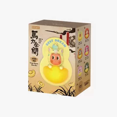 Embalagem de boneco colecionável BEST DREAM com base amarela e texto POP MART