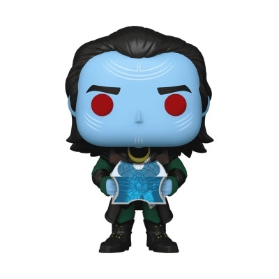 Boneco estilizado Funko Pop azul com olhos vermelhos e roupa preta e verde