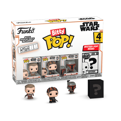 Caixa com 4 figuras Funko Pop! Bitty Star Wars incluindo Anakin, Padmé, Boba Fett e figura misteriosa