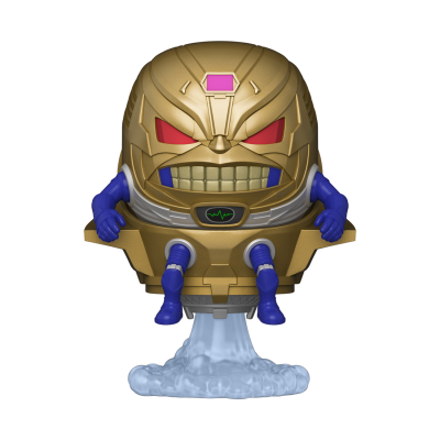 Boneco Funko Pop do personagem M.O.D.O.K. dourado com braços e pernas azuis flutuando em base de nuvens