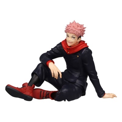 Figura de ação personagem masculino com cabelo cor-de-rosa sentado com roupa preta e vermelha