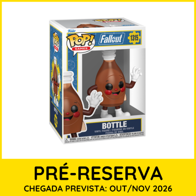 Figura Funko Pop! Fallout garrafa castanha com rosto dentro de caixa.
