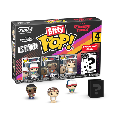Pack Funko Bitty Pop! Stranger Things com 4 figuras e caixa preta com texto colorido