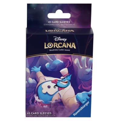 Pack de 65 sleeves para cartas Disney Lorcana com personagem azul e pássaro em fundo roxo e azul