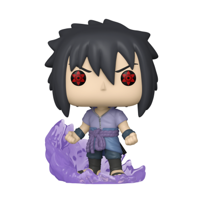 Figura Funko Pop Sasuke Uchiha com olhos vermelhos e base roxa