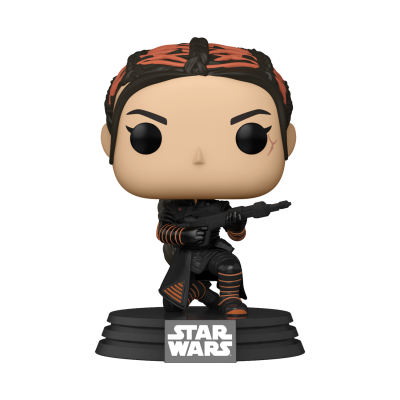 Figura Funko Pop Star Wars com roupa preta e detalhes laranja em base preta