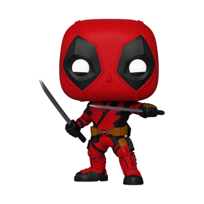 Boneco Funko Pop do Deadpool com espadas em fundo branco
