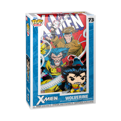 Figura Wolverine POP! vinil X-Men na embalagem azul com personagens X-Men e texto