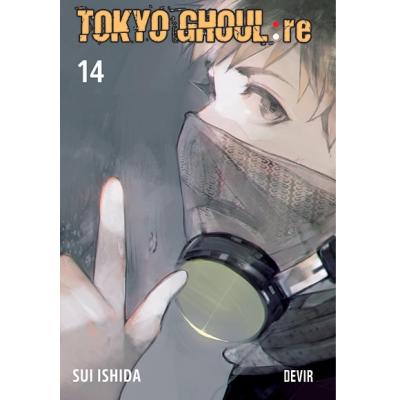 Capa do livro TOKYO GHOUL: re volume 14 com personagem de máscara cinzenta transparente