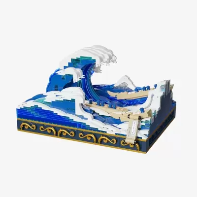 Modelo em blocos LEGO de uma onda gigante com barco e pergaminho