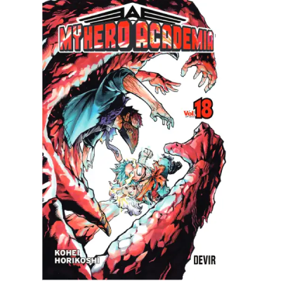 Capa do livro MY HERO ACADEMIA vol 18 com personagens e texto em destaque