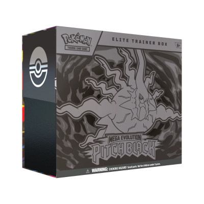 Caixa Pokémon Elite Trainer Box Mega Evolution Pitch Black com símbolo Pokébola e imagem de Pokémon em cinzento e preto.