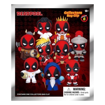 Nove figuras coleccionáveis Deadpool em trajes variados numa embalagem com fundo preto e texto em vermelho e amarelo.