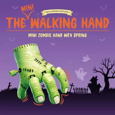 Brinquedo mão zombie verde com mola em fundo roxo Halloween