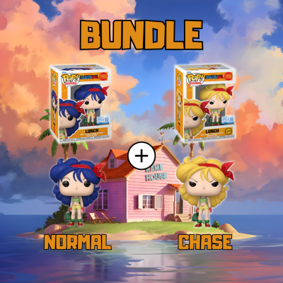 Duas figuras Funko Pop Dragon Ball Lunch normal e chase em frente a casa rosa numa ilha com texto bundle
