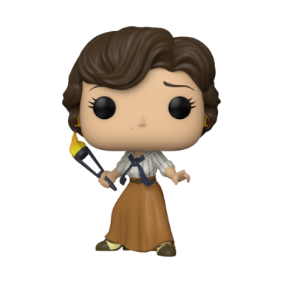 Figura colecionável Funko Pop com roupa branca e castanha segurando tocha.