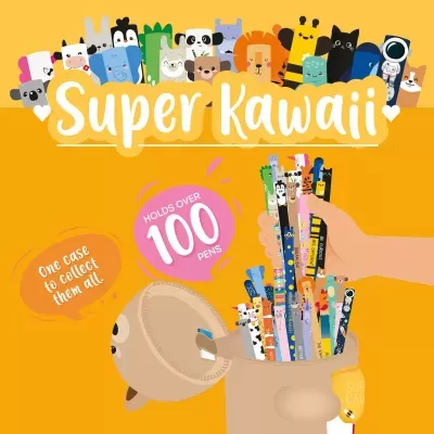 Conjunto de canetas kawaii coloridas em estojo redondo bege com fundo amarelo e texto promocional