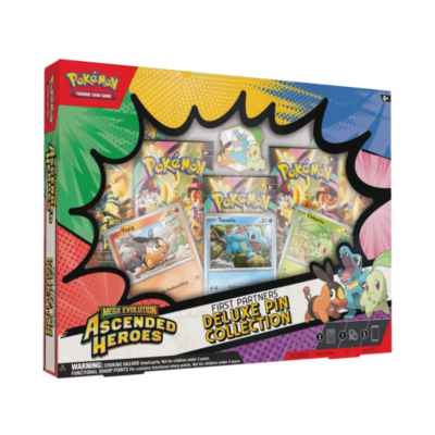 Pack de cartas Pokémon Mega Evolution Ascended Heroes com cartas e alfinete colecionável.