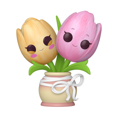 vaso com duas flores tulipas sorridentes, amarelo e rosa, em vaso creme com lacinho branco