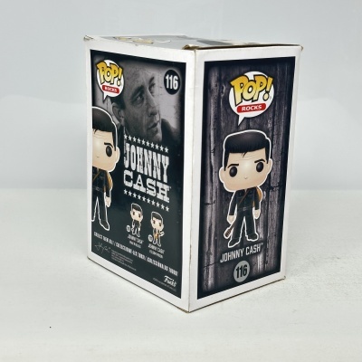 Embalagem Funko Pop! Rocks Johnny Cash nº 116 com imagem do boneco e texto