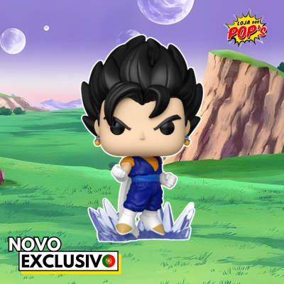 Figura Funko Pop com cabelo preto e roupa azul em base branca decorativa