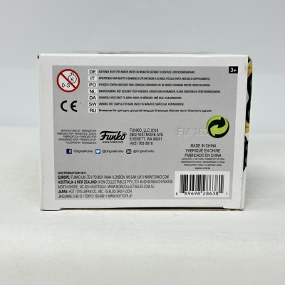 Parte traseira de caixa branca de produto Funko com texto e códigos