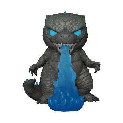 Figura de ação de Godzilla cinzento com olhos azuis e fogo azul translúcido