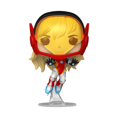 Figura Funko Pop de personagem feminina com fato futurista vermelho e branco