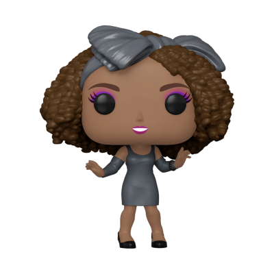 Figura colecionável Funko Pop de mulher com vestido cinza e laço prateado