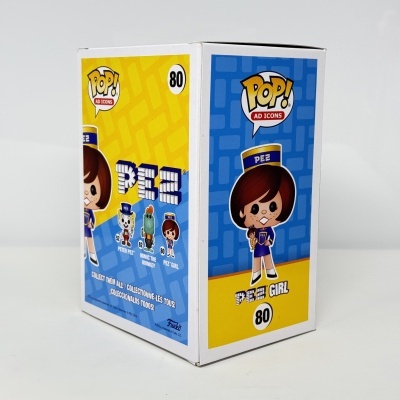 Caixa Funko Pop! PEZ Girl número 80 com ilustração e cores amarelo, azul e branco