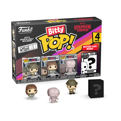 Caixa Funko Pop Bitty Stranger Things com quatro figuras em miniatura e uma figura misteriosa