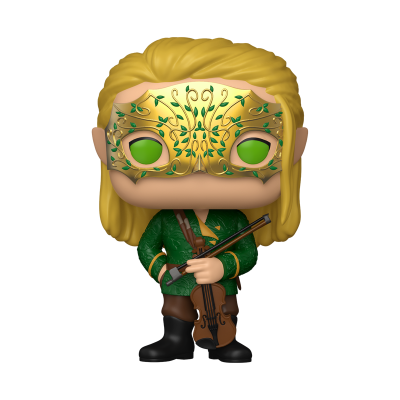 Figura Funko Pop com máscara dourada, cabelo loiro, roupa verde e violino.