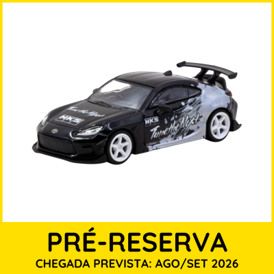 Miniatura de carro desportivo preto e branco com decalques HKS