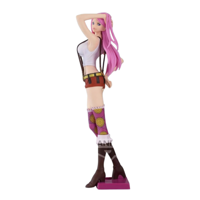 Figura de ação com cabelo rosa, roupa colorida e base cor de rosa