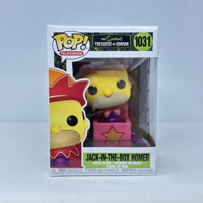 Figurina Funko Pop Jack-in-the-Box Homer da série The Simpsons em caixa.