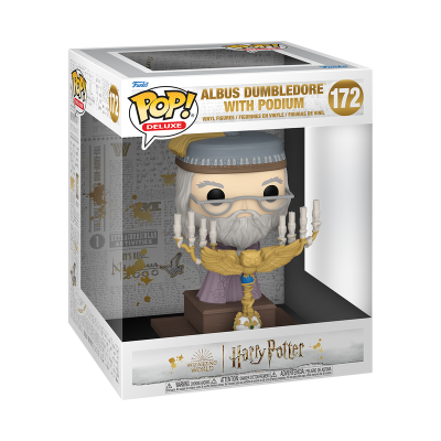 Figura Funko Pop! Deluxe Albus Dumbledore no pódio na caixa