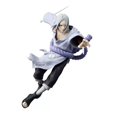 Figura de ação de personagem em pose dinâmica com roupa branca e símbolo yin-yang