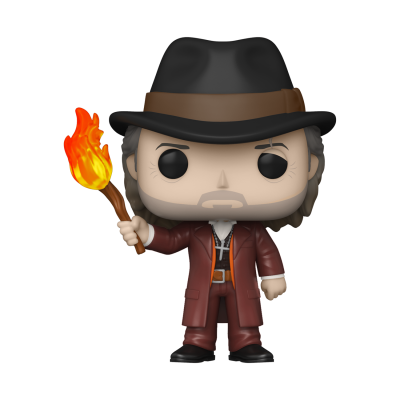 Figura Pop Funko com chapéu, casaco castanho e tocha flamejante