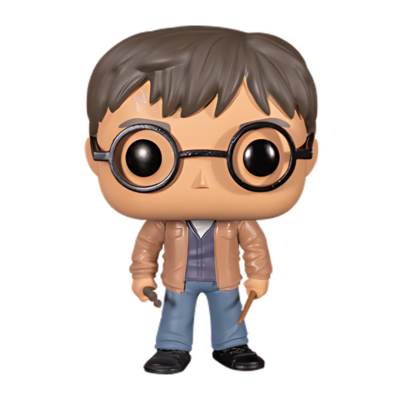 Figura Funko Pop de Harry Potter com roupa casual, óculos e varinha mágica