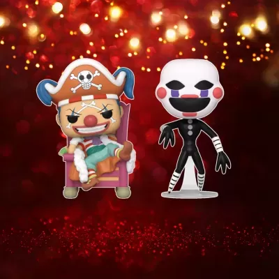 Duas figuras Funko Pop, palhaço pirata colorido numa poltrona e figura preta e branca com rosto largo.