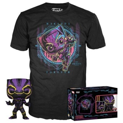 Conjunto de t-shirt preta e figura colecionável Funko Pop do Black Panther em caixa